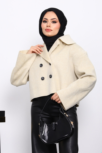 İmajButik Cream Short Buttoned Cashmere Jacket