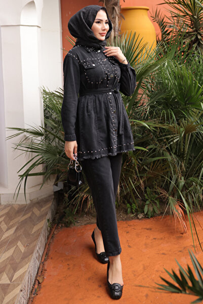İmajButik Black Stone Embroidered Jacket and Pants Denim Suit
