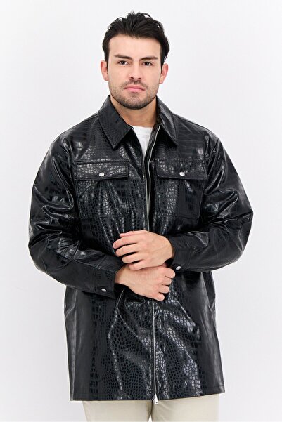 Asos Design جاكيت رجالي قصة فضفاضة من الجلد الصناعي المحكم، أسود