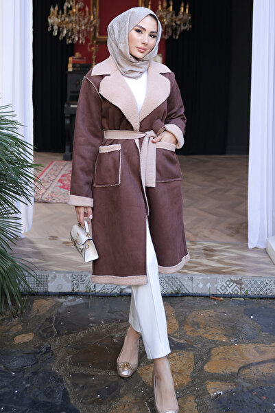 İmajButik Καφέ διπλό πέτο Παλτό από σουέτ με γούνα στο εσωτερικό του γιακά