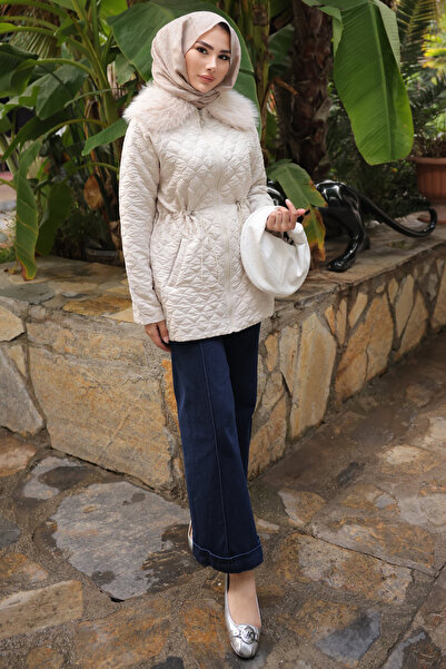 İmajButik Πέτρινο παλτό με γούνα και καπιτονέ