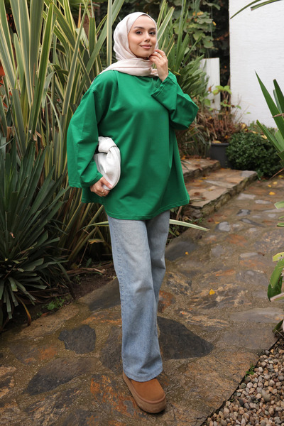 İmajButik Σμαραγδένιο πράσινο μπλουζάκι με λαιμόκοψη oversized από χτενισμένο βαμβάκι