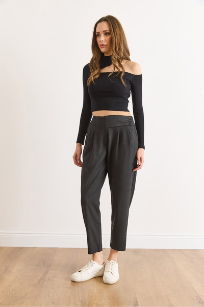 Olalook Women's Anthracite Waist Detailed Pleated Polyviscose Carrot Pants Pnt-19000293