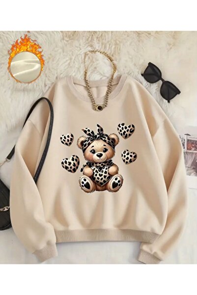 herkesemoda Cute Teddy Bear Print Detailed Crew Neck Sweatshirt