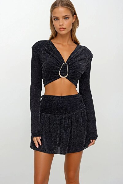 VAGGON Women's Black Glitter High Waist Pleated Mini Shorts Skirt Vs01663