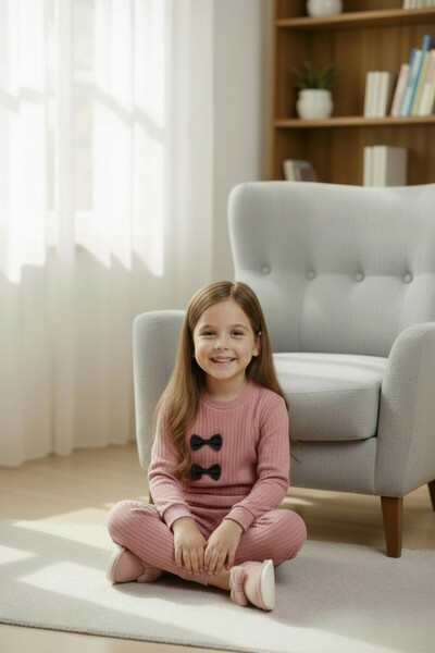 minikiss Bow Detailed Cotton Bottom Top Girls' Two-Piece Set