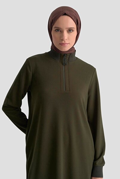 Armine Trend Ribbed Half Zip Crepe Tunic with Sleeves and Collar Green 25Kt456
