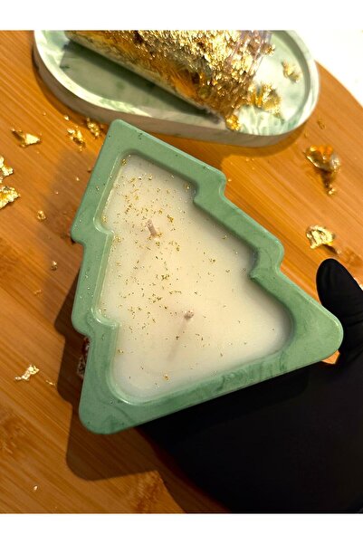 Claren Candles Handmade candle in a ceramic tree-shaped bowl - decoration with golden flakes, winter edition/Christmas gift