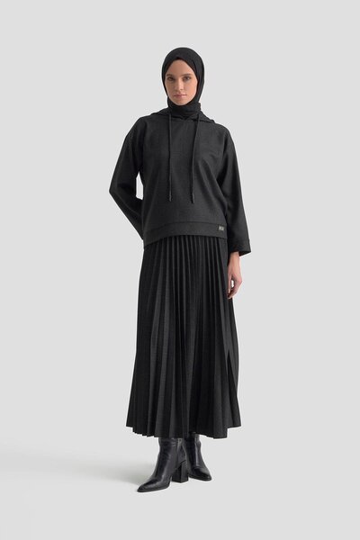 Armine TREND Hooded Plaid Double Suit with Pleated Skirt Black 25Kt613