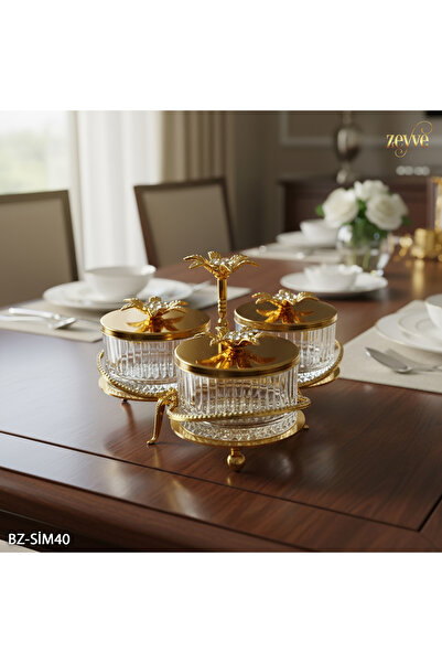 Hinora Taşlı Çiçek Model Çelik Standlı 3Lü Cam Çerezlik 22x22x14cm