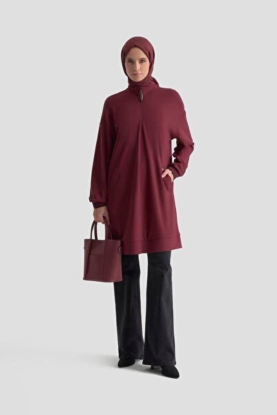 Armine TREND Half Zipper Ribbed Sleeves Knitted Tunic with Pockets Burgundy 25Kt461