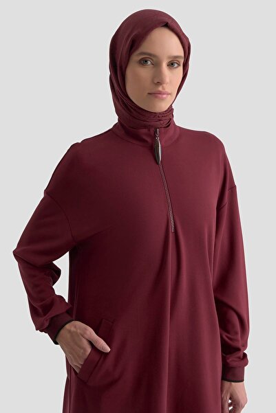 Armine TREND Half Zipper Ribbed Sleeves Knitted Tunic with Pockets Burgundy 25Kt461