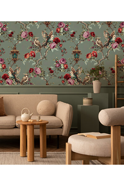 Tasarım Chinoserie Desen Kuş ve Kırmızı Pembe Çiçekler Duvar Kağıdı