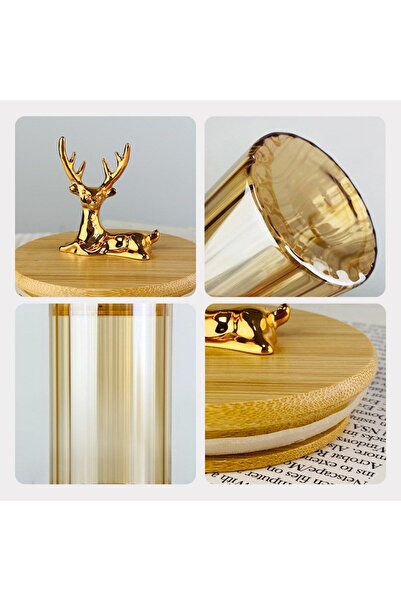 Qerhome 3-Piece Borosilicate Glass Stylish Striped Amber Glass Jar Kitchen Set with Deer Figure 1000 ml