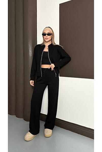 mielva Women's Black Modal Fabric piped Wide Leg Zippered Tracksuit Set