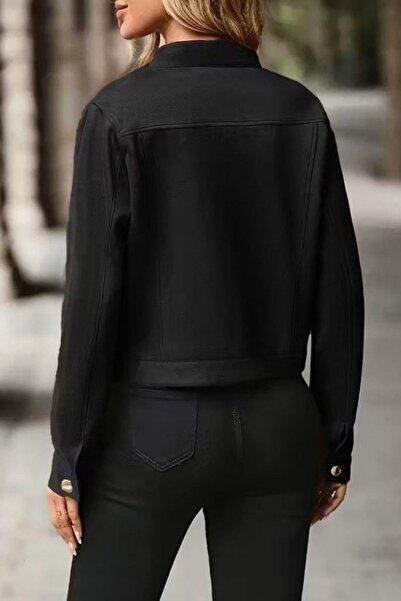 Mossta Front Buttoned Short Suede Jacket - Black