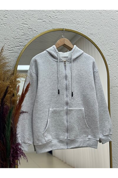 MİHRA STORE سترة ديليتا بقلنسوة وسحاب وجيب كنغر بثلاثة أربطة - CI2008 رمادي