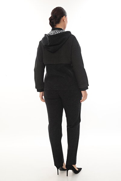 EXİTLİNE Women's Winter Zippered Hooded Printed Brown Bottom-Top Set