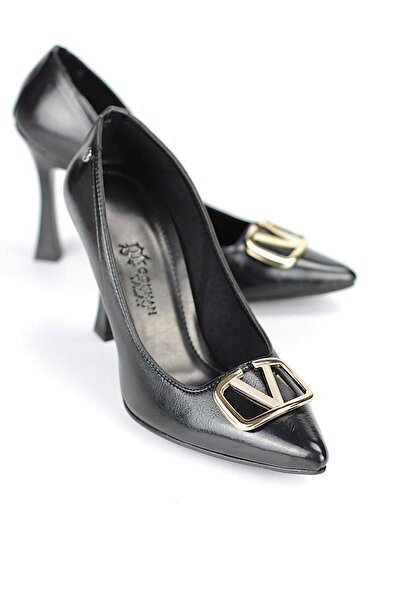 King Crow حذاء كاميل بكعب نسائي مرن وناعم وغير قابل للانزلاق (10 سم) من الجلد الأسود اللامع بإبزيم على شكل حرف V