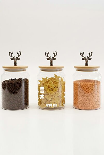 Jenisa 3-piece bamboo lid metal deer figured jar set - medium storage container 890cc - black