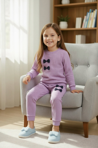 minikiss Bow Detailed Cotton Bottom Top Girls' Two-Piece Set