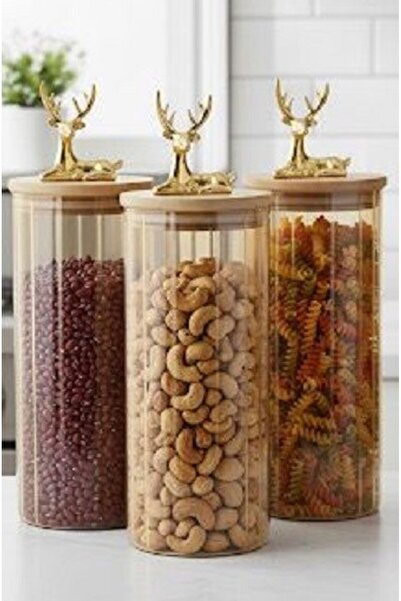 Qerhome 3-Piece Borosilicate Glass Stylish Striped Amber Glass Jar Kitchen Set with Deer Figure 1000 ml