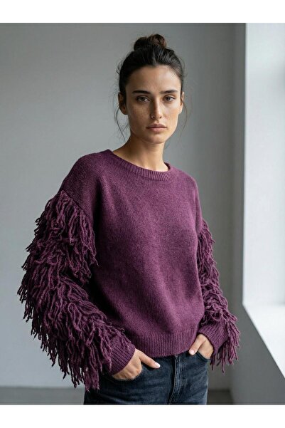 STALİ Kadın Kolları Püsküllü Kazak Mürdüm