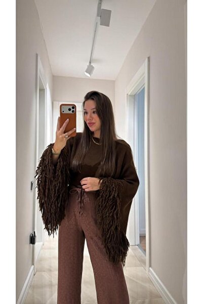 STALİ Kadın Püsküllü Triko Kazak Kahverengi