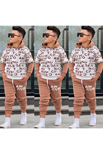 zavera for kids Boy's Text Detailed Hooded 3 Thread Double Tracksuit Set - 100% Cotton