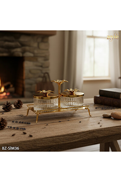 Hinora Stone Flower Model Steel Stand 2-Piece Glass Snack Bowl 22X22X12Cm