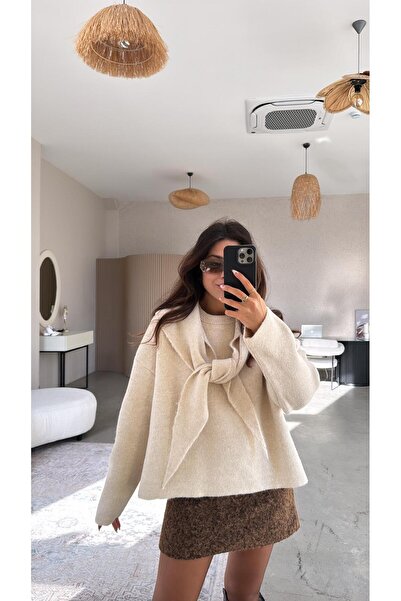 Buket Teke Pulover moale cu detaliu șal de culoare piatră