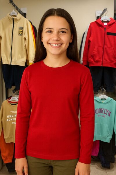 Mcrkids Nisex Cotton Crew Neck Basic Long Sleeve Children's T-Shirt Red