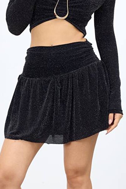 VAGGON Women's Black Glitter High Waist Pleated Mini Shorts Skirt Vs01663