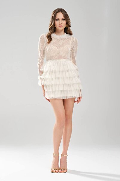 tw3 Mini rochie cu guler cu volane și detaliu pe mâneci, cu design din dantelă brodat manual