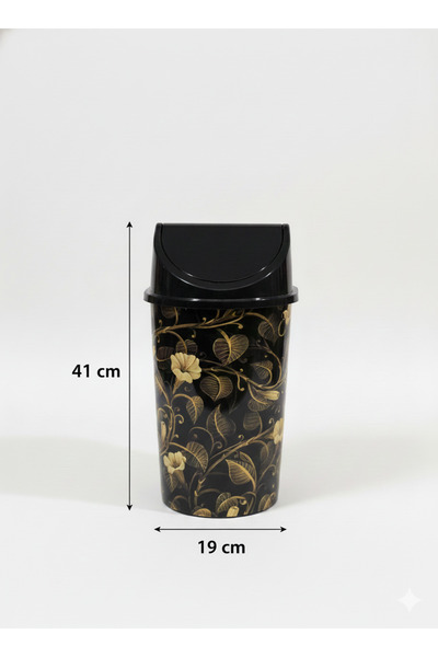 abnturk 10 Litre Click Kapakli 41x19 cm Siyah Sari Yaprak Lüks Desen Cöp Kovasi