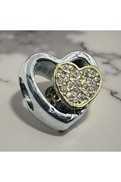 ZEY 925 Ayar Gümüş Zirkon Taşlı Detaylı Sarı Kalpli Kadın Hediyelik Charm