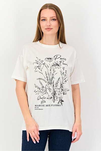 Brave Soul Women Crew Neck Short Sleeve Graphic Print T-Shirt, White