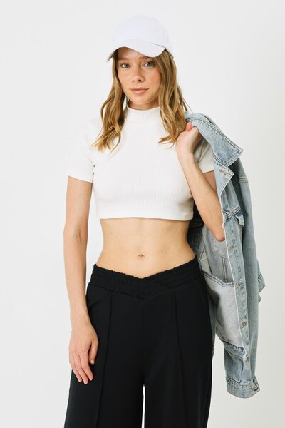 C&City Damen-Bluse mit kurzen Ärmeln und Rippstrick