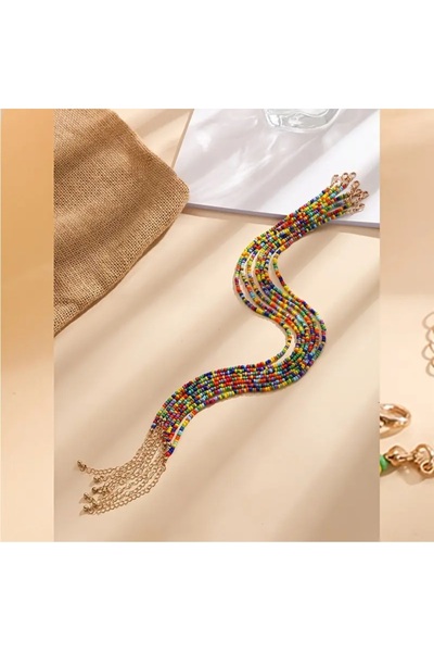by Natalie 7Pcs Mixed Color Sand Bead Necklace with Gold Color Clip