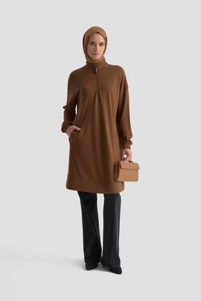 Armine TREND Half Zipper Ribbed Sleeves Knitted Tunic with Pockets Tan 25Kt461