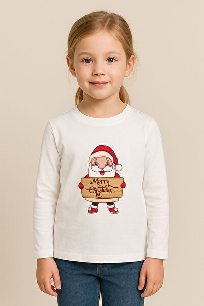 MODA Yeni Yıl Yılbaşı Noel Baba Christmas Baskılı Bisiklet Yaka Çocuk Uzun Ko...