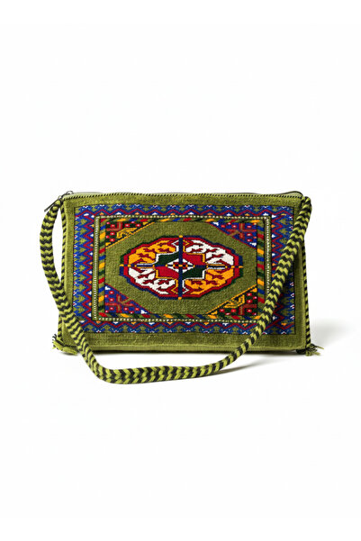Yomut El Dokuma Türkmen Yün Çanta Sekizgen Gül Motifli 28×18 cm Yeşil