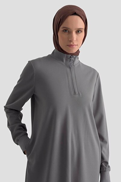 Armine Trend Ribbed Half Zip Crepe Tunic with Sleeves and Collar Gray 25Kt456