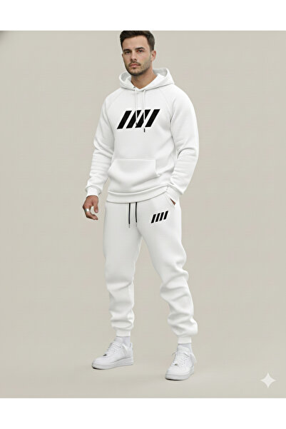 NİCE Three Thread Compact Hooded Cotton Inside Four Stripes B Printed Premium O Oversized Tracksuit Set