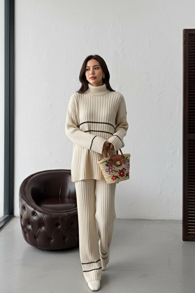 NEWCO Ecru Stripe Detailed Fisherman's Turtleneck Corded Fabric Knitwear Two-Piece Set Comfortable Fit