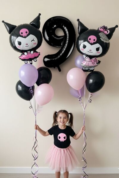 PARTİAVM 9 Yaş Kuromili Balon Set Doğum Günü Balon Set Siyah Rakam Balon Hely...