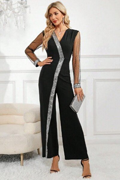 Mossta V-Neck Sequined Long Imported Crepe Jumpsuit - Black