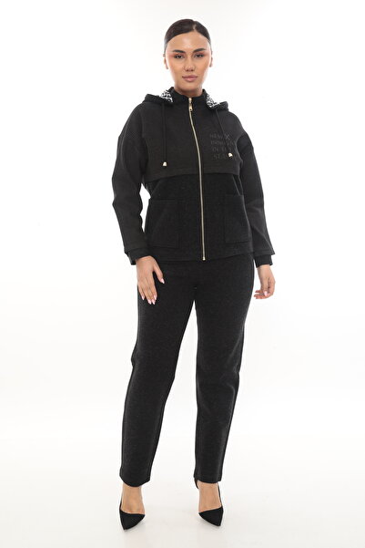 EXİTLİNE Women's Winter Zippered Hooded Printed Brown Bottom-Top Set