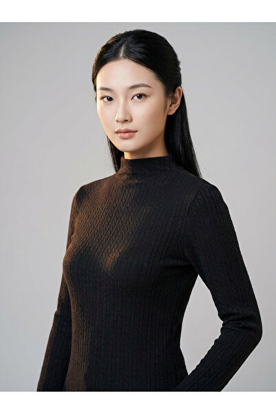 Şiir Chame Women's Hair Weave Slim Fit Half Turtleneck Long Sleeve Sweater & Blouse & Top - Black