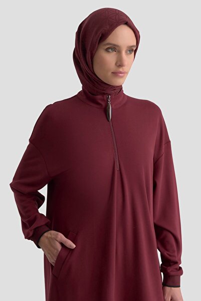 Armine TREND Half Zipper Ribbed Sleeves Knitted Tunic with Pockets Burgundy 25Kt461